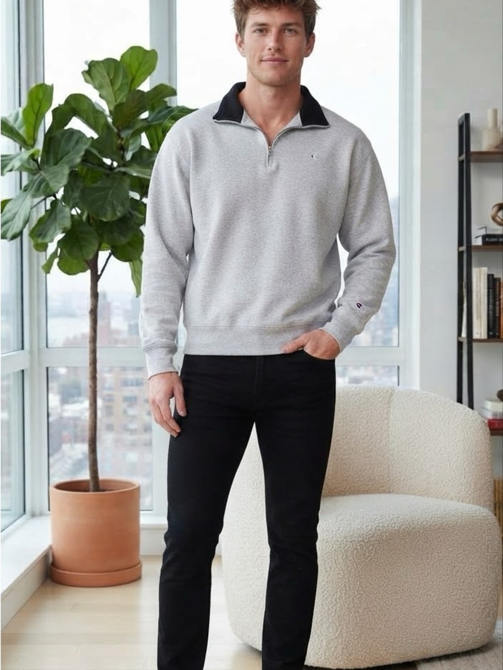 Champion Men's Light Gray Quarter-Zip Pullover with Black Collar